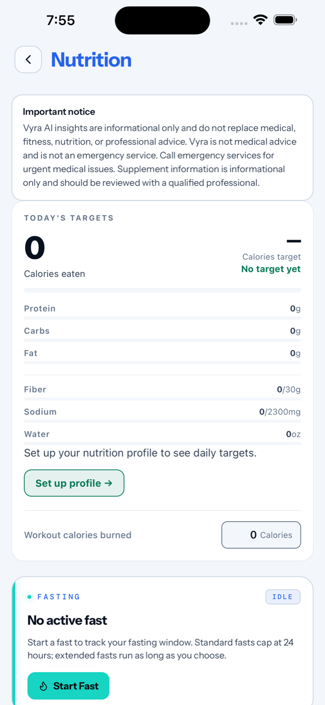 Vyra nutrition and fasting tracking screen